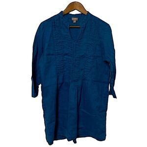J. Jill 100% Linen Cottagecore V Neck Pleated Front 3/4 Sleeve Blouse Blue
